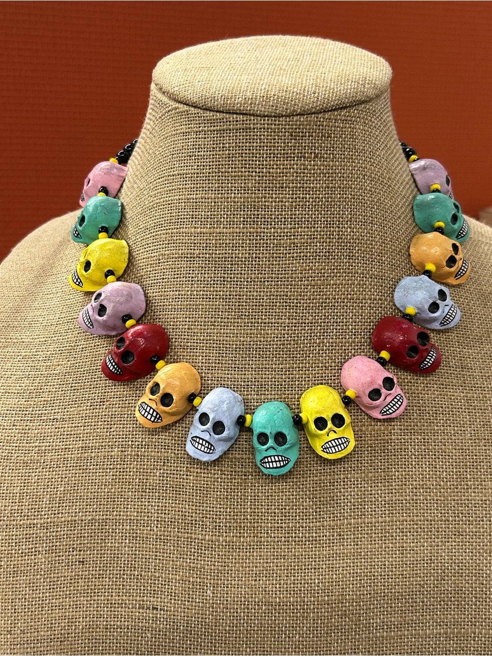 Artisan Clay Skulls and Onyx bead Folk Art Boho Necklace 925 Clasp